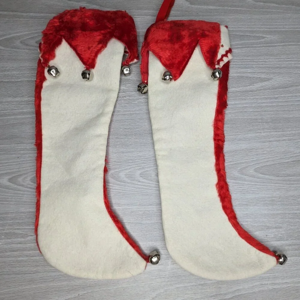 Vintage Felt Red & White Christmas Stockings with Bells 14